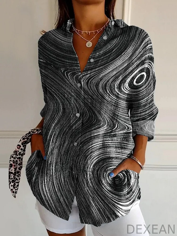 Abstract Swirl Pattern Printed Women's Casual Cotton Shirt