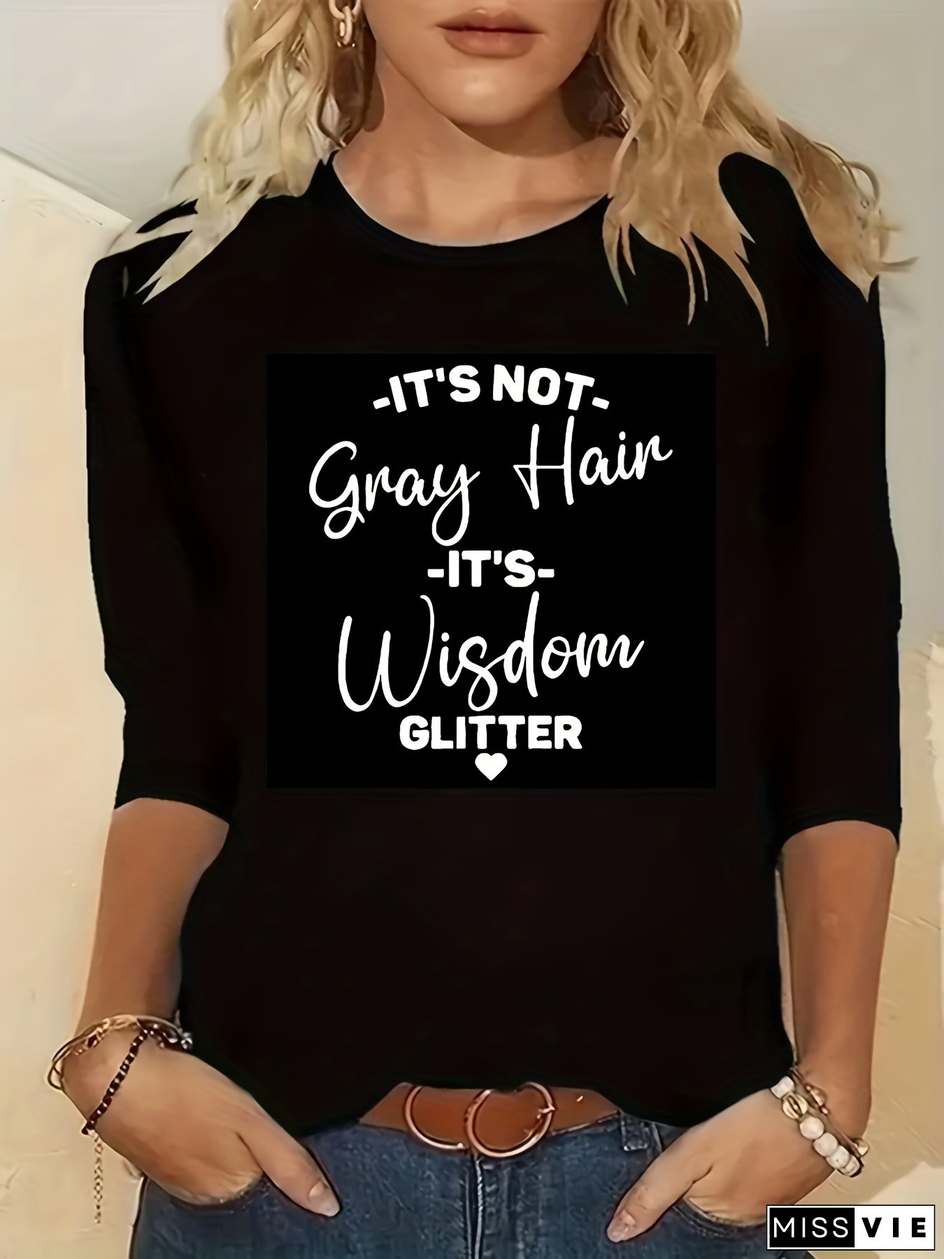 Women's Casual Long Sleeve T-Shirt With "Wisdom Glitter" Lettering & Heart Design - Black Round Neck Top For Spring Summer Fall, Machine Washable, Ladies T Shirts, Spring Summer Apparel, Comfortable Fabric, Nontransparent Material