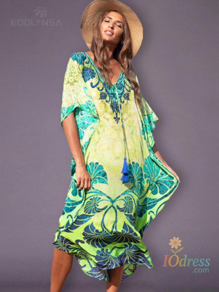 IO Dress 2025 Quick-drying Bohemian Printed Loose Summer Beach Dress Moroccan Kaftan Women Plus Size Beachwear Tassel Midi Dress Q897 IO Dress Store