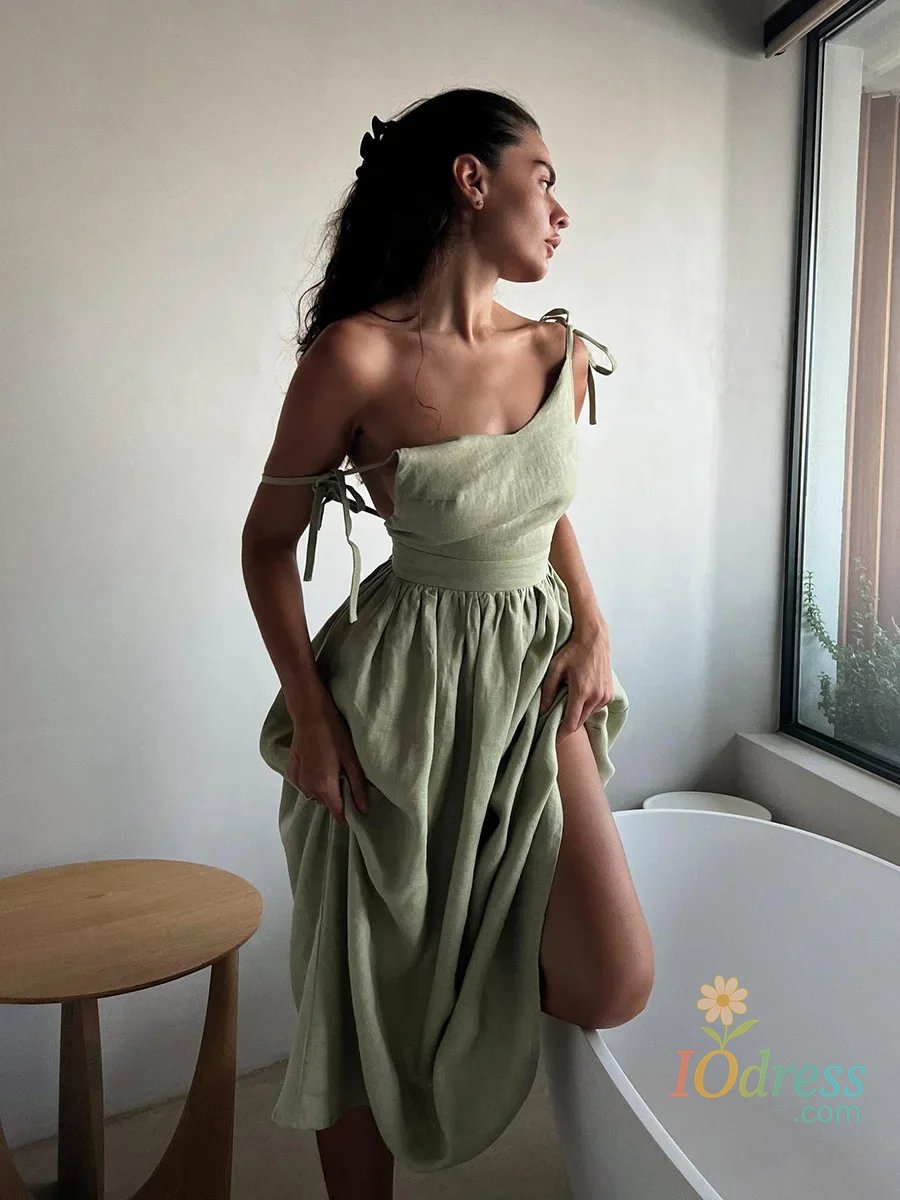 IO Dress Bornladies Spring Summer Beach Style Women Dress Vintage Loose A-line Sling Dress Sexy Hot Girl 100% Cotton V-neck Dress IO Dress