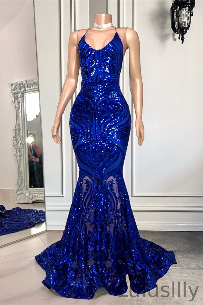 Fabulous Royal Blue Spaghetti-Straps Sequins Prom Dress Mermaid Sleeveless - lulusllly