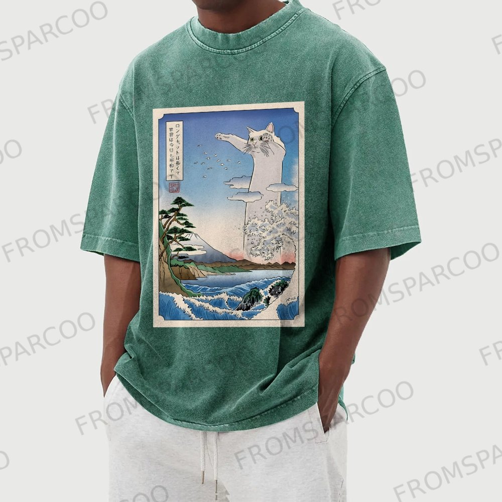 Abstract White Cat Washed Vintage Short Sleeves T-Shirt