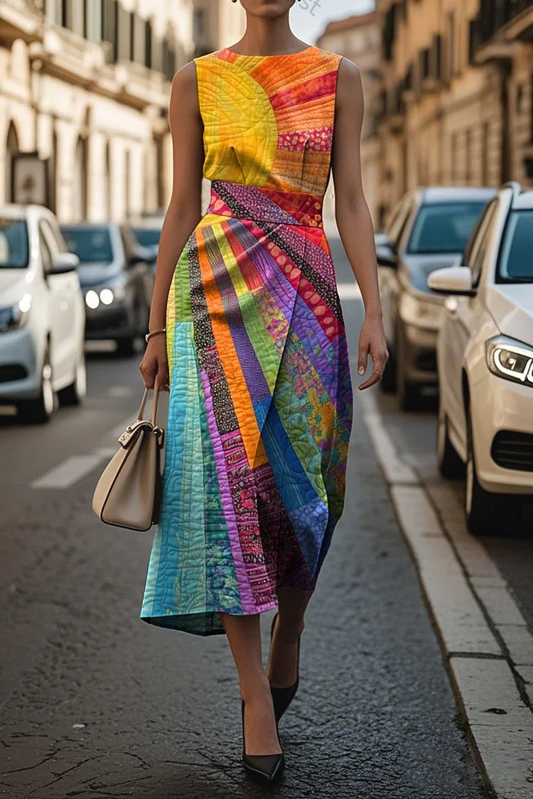 Women's Elegant Printed Sleeveless Midi Dress