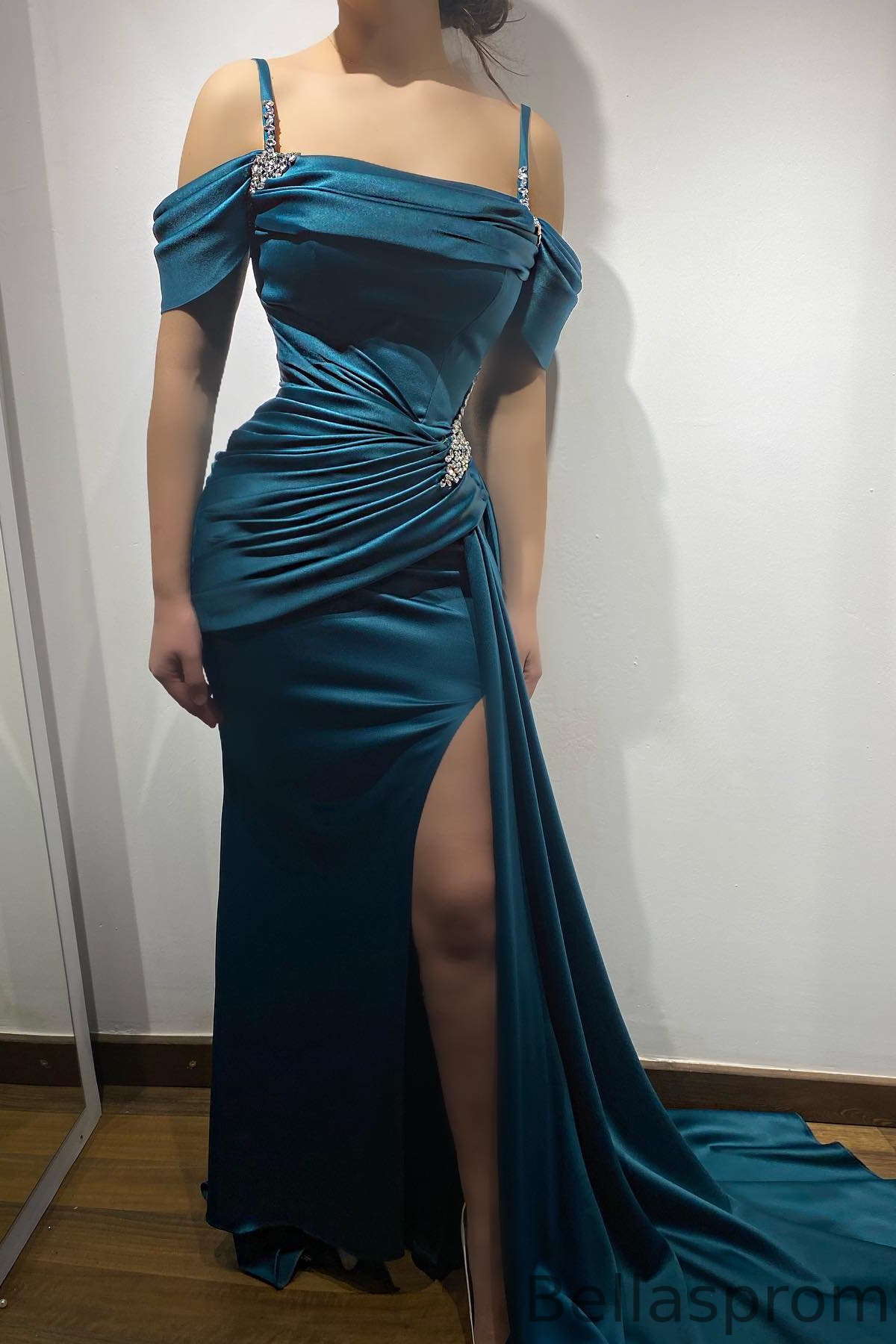 Bellasprom  Ink Blue Off-The-Shoulder Spaghetti-Straps Mermaid Prom Dress Beaded With Split Ruffles Bellasprom