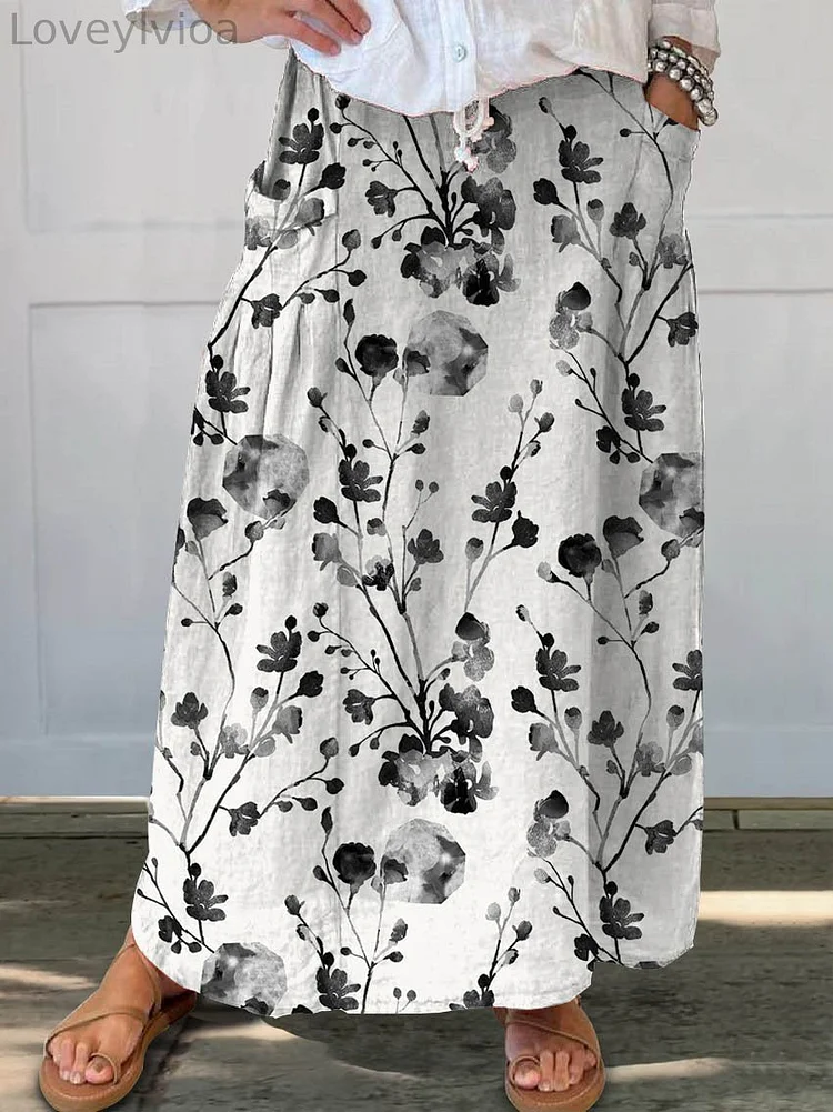 Women's Floral Flowers Casual Print Linen Pocket Skirt