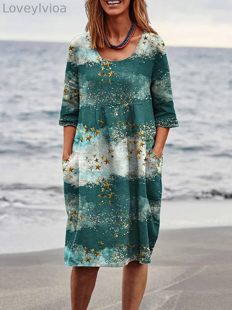 Women's Elegant Glitter Stars Clouds Art Print Linen Pocket Tunic Dress