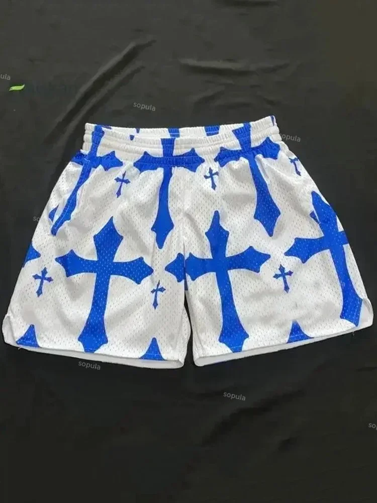 Vintage Cross Art Graphic Casual Street Mesh Shorts