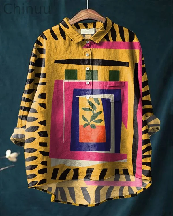 Vintage Abstract Art Print Cotton and Linen Shirt