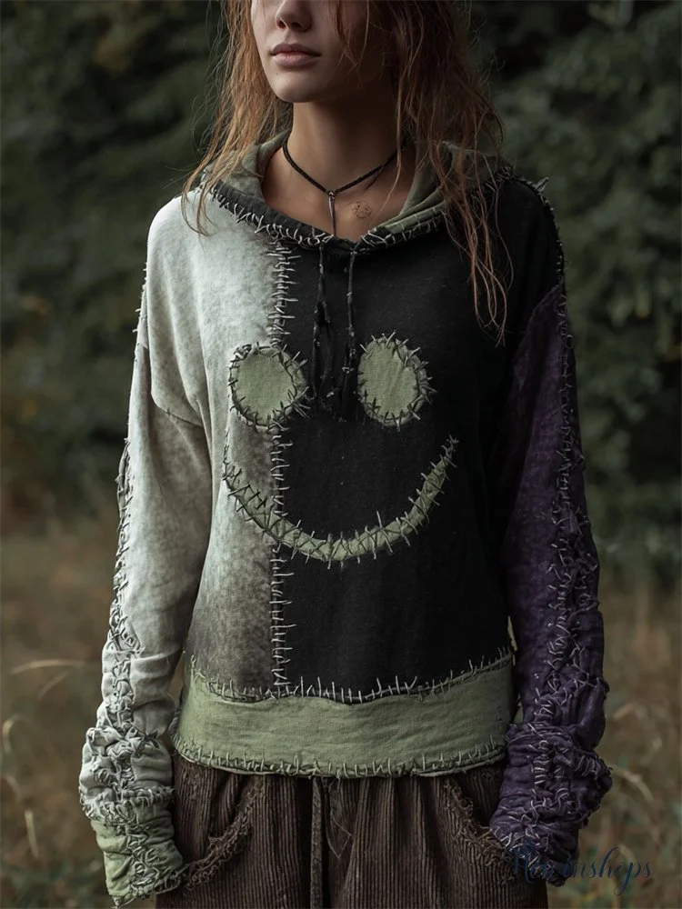 Vintage Halloween Spooky Face Colorblock Patchwork Hoodie
