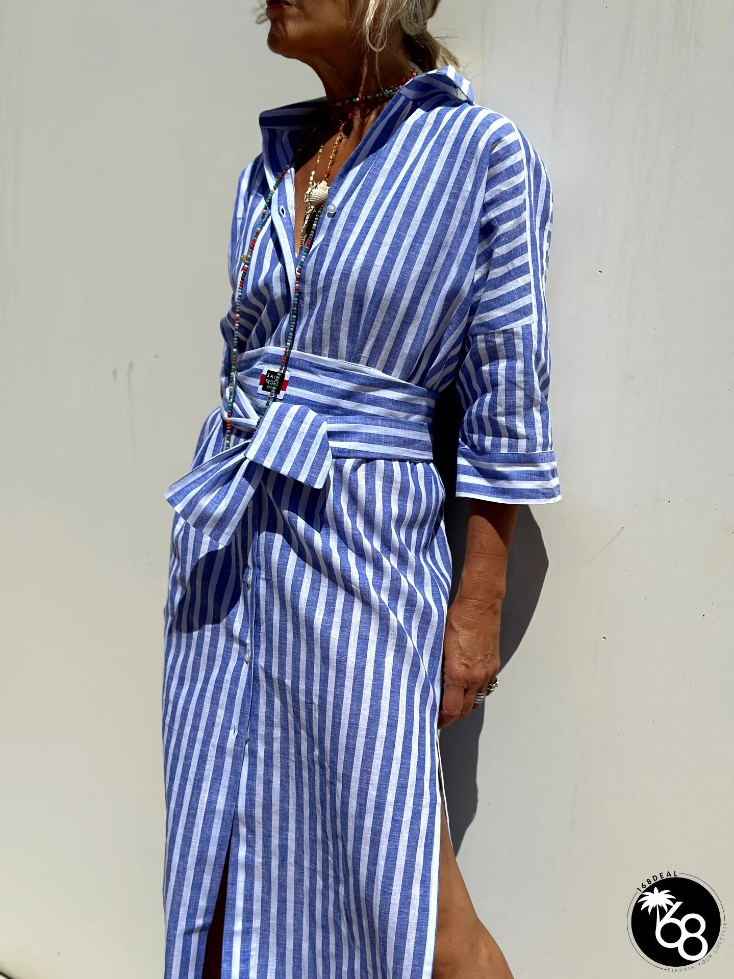 Womens Blue White Striped Shirt Dress Button-Front Midi With Adjustable Cuffs Belted | 168DEAL