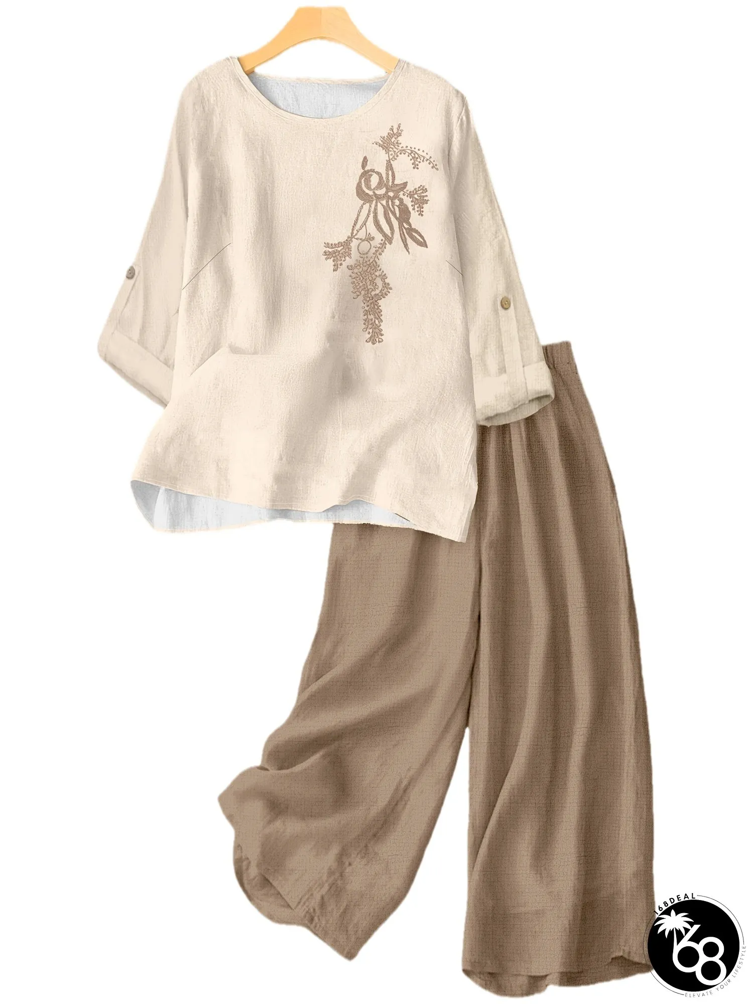 Womens Elegant Suit Fashionable Print Round-neck Long Sleeve Top And Solid Color Loose | 168DEAL