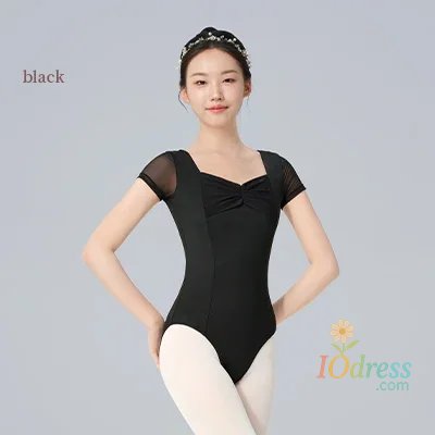 IO Dress Women Ballet Leotards Pleating V-neck Gymnastics Uniform Mesh Splice Ballerina Dance Leotards Yoga Pilates Dancing Bodysuits