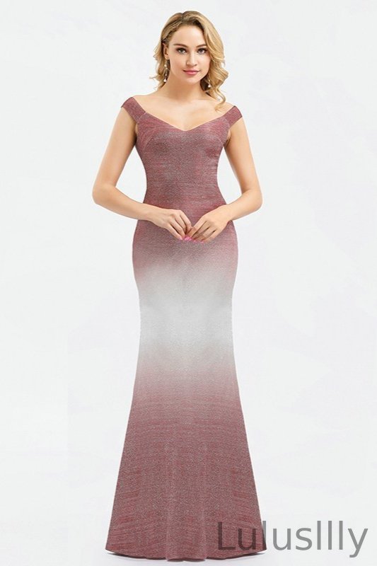 Glamorous Off-the-Shoulder Ombre Sequins Prom Dress Mermaid Evening Party Gowns - lulusllly
