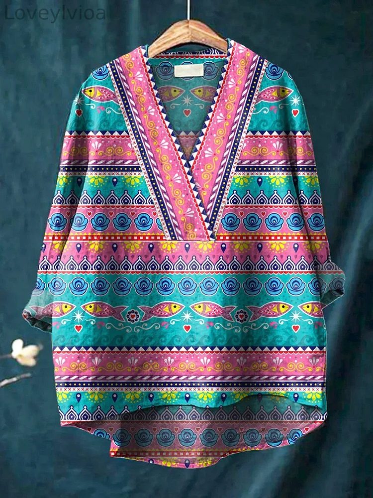 Ethnic Style Fish Pattern Printed Women's Casual Cotton And Linen V-Neck Shirt