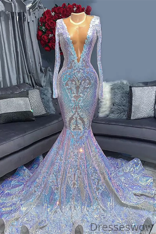 Dresseswow Long Sleeves Sequins Mermaid Prom Dress V-Neck