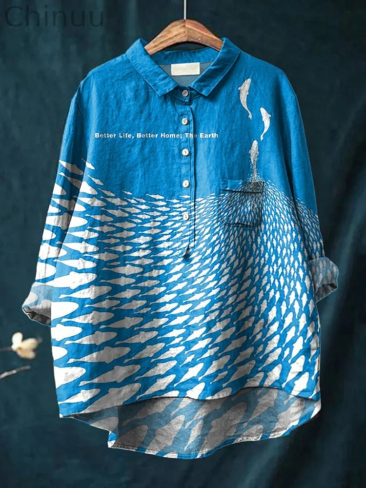 Protect Life On Earth Pattern Printed Women's Casual Cotton And Linen Shirt