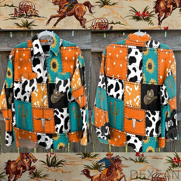 Vintage Western patchwork Seamless Pattern Print Casual Shirt
