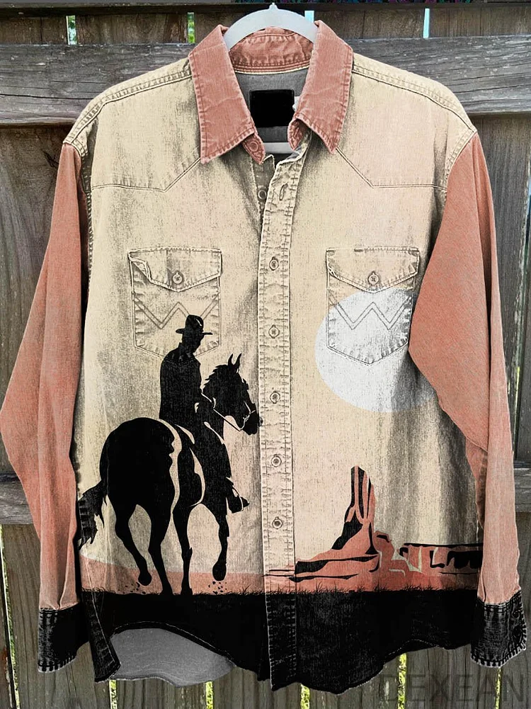 Men's Cowboy Pattern Vintage Stripe Print Casual Shirt