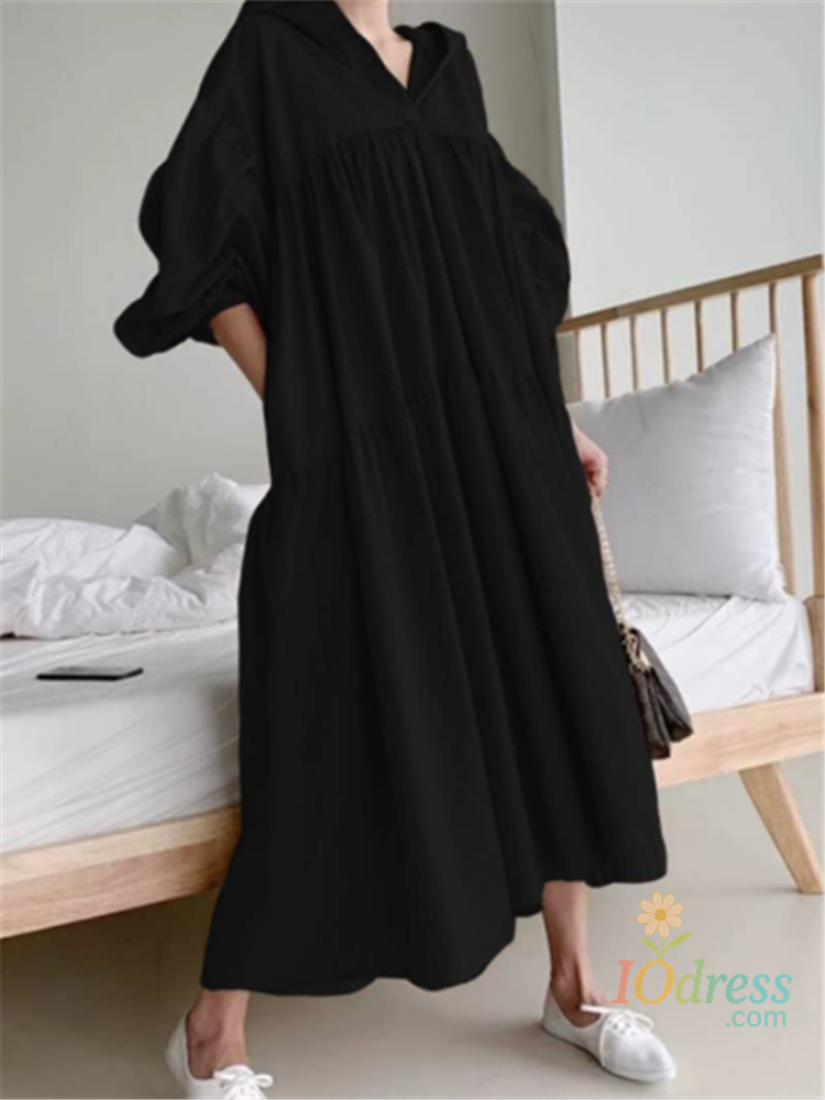 IO Dress REALEFT 2023 New Hooded Oversize Women's Shirts Dresses Puff Sleeve Solid Casual Loose Straight Long Dress Female Spring Autumn