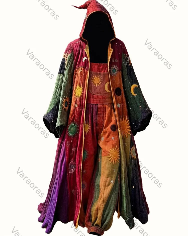 Men's Summer Star and Moon Embroidered Cotton Linen Cape + Overalls Two-Piece Set 1743