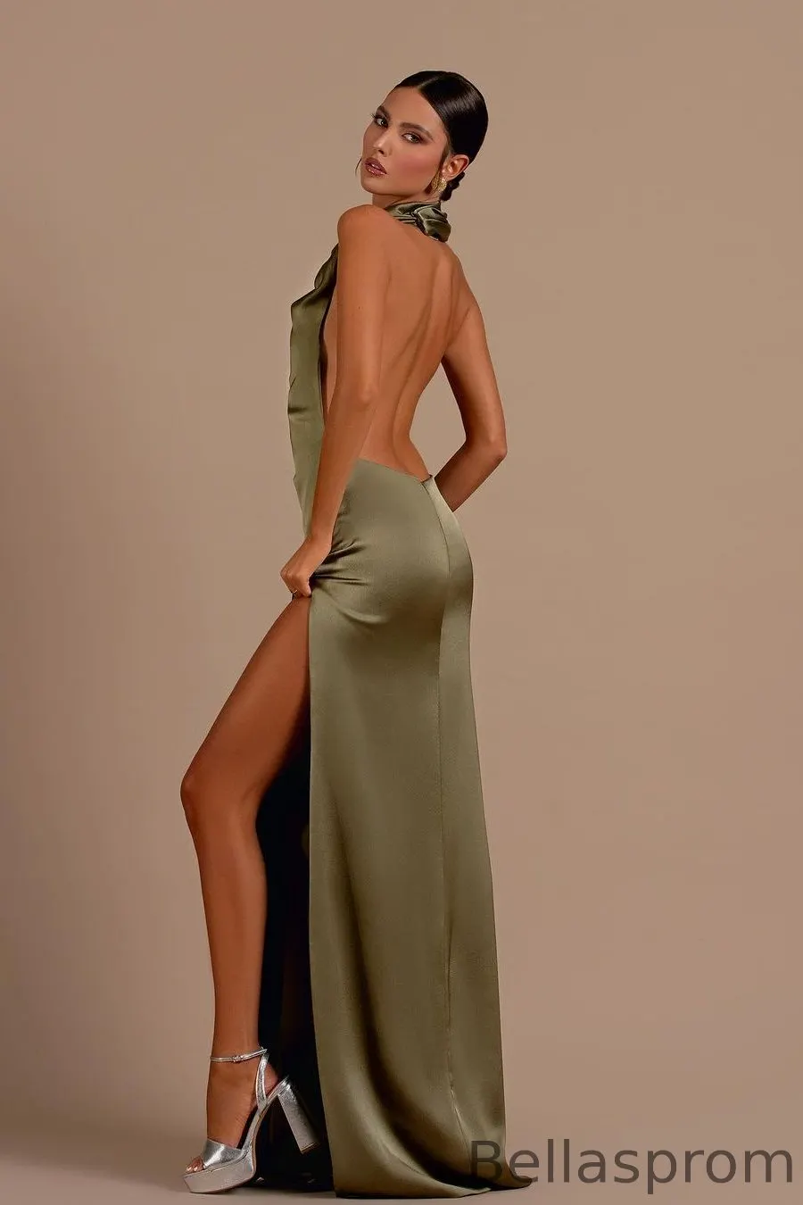 Bellasprom Olive Green Halter Sleeveless Mermaid Prom Dress with Split Backless Online Same As Picture-US2