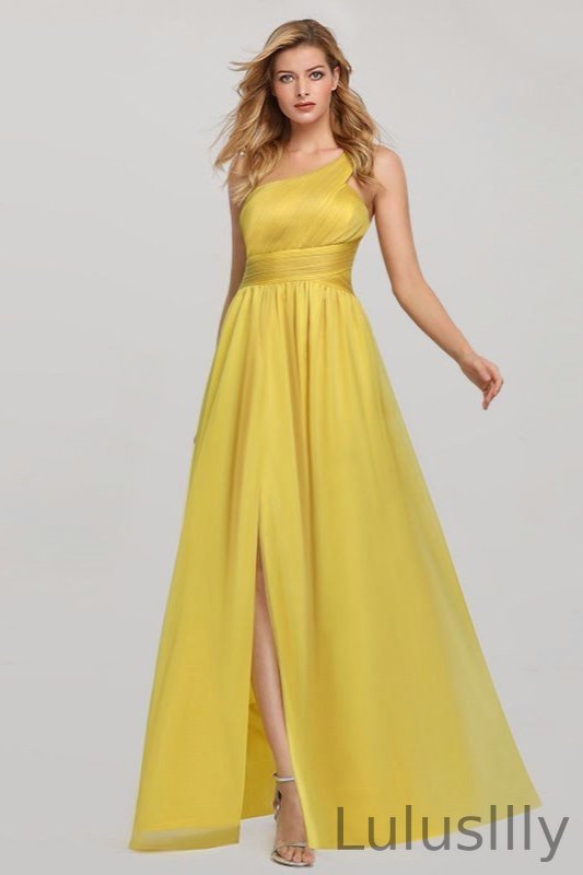 Elegant Yellow One Shoulder Prom Dress Long Evening Party Gowns With Split - lulusllly