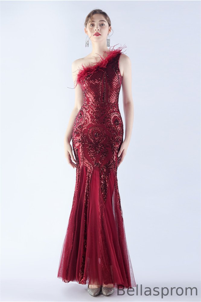 Bellasprom One Shoulder Sequins Evening Dress Mermaid Sleeveless With Feather Bellasprom