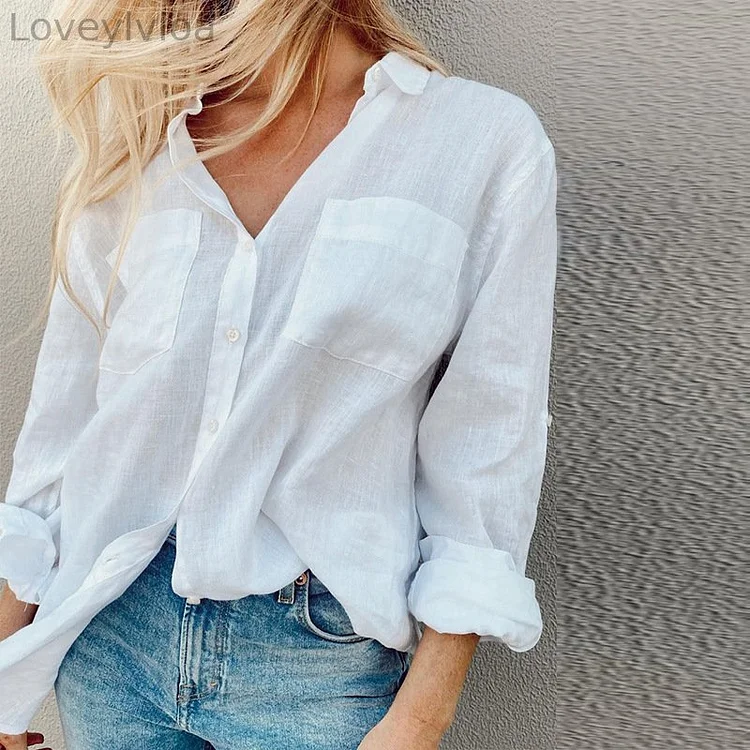 Fashionable Solid Color Lapel Vacation Style Long Sleeved Shirt