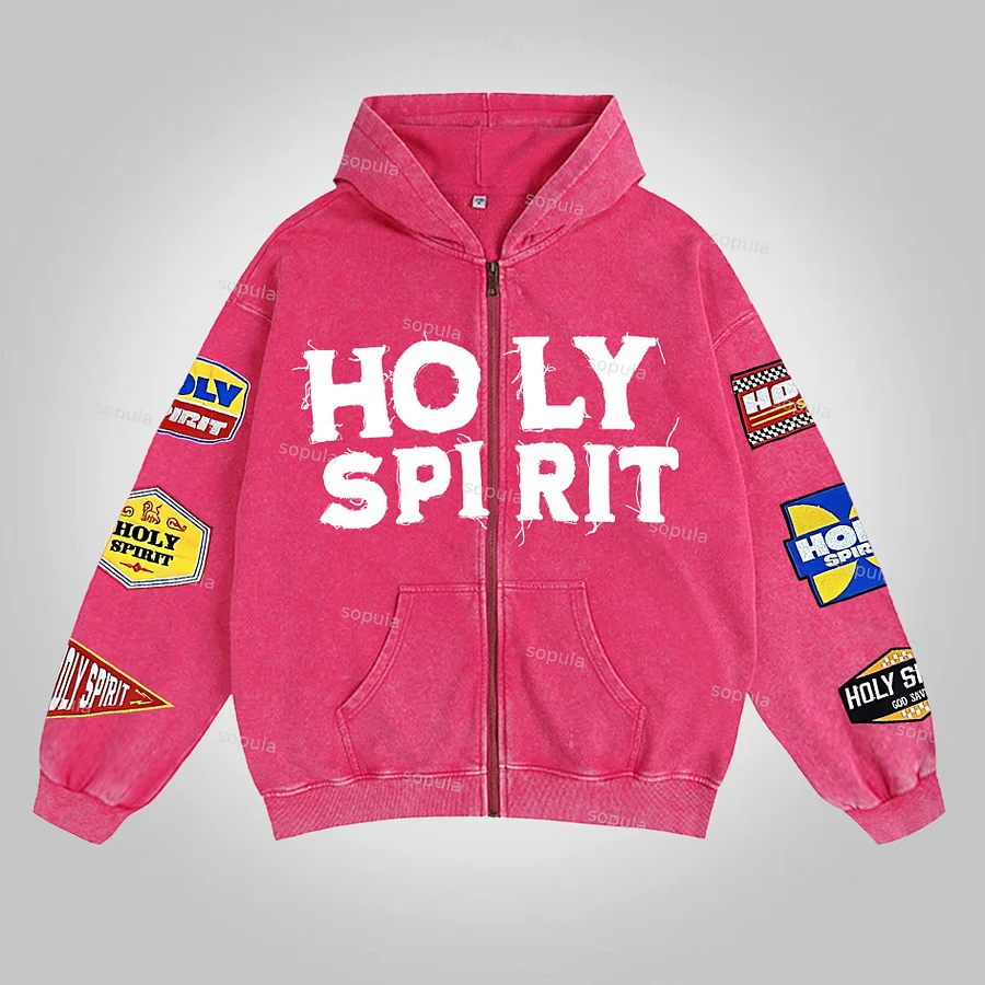 Sopula Vintage Holy Spirit Graphic Washed Zip-Up Hoodie