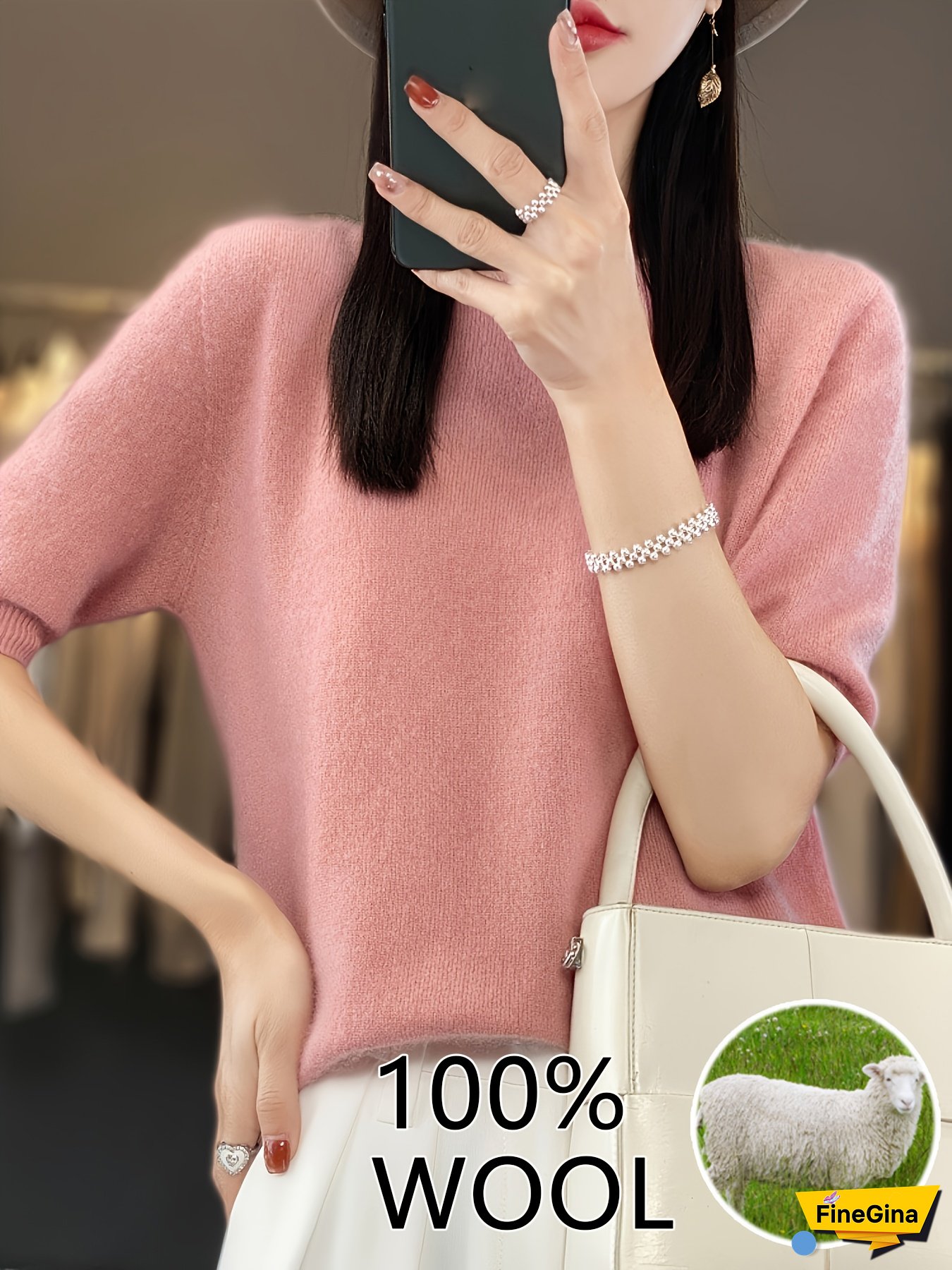 Women's Wool Short Sleeve Sweater - Elegant Round Neck Solid Color Pullover for Spring Summer Fall, Versatile Casual & Formal Layering Essential, Sweater, Seasonal Fashion, Sophisticated Style, Textured Knitwear