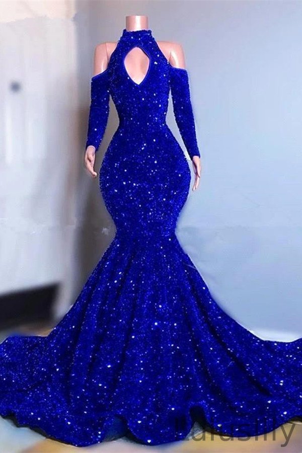 Gorgeous High Neck Royal Blue Mermaid Prom Dress Sequins Long Sleeves Evening Gowns - lulusllly