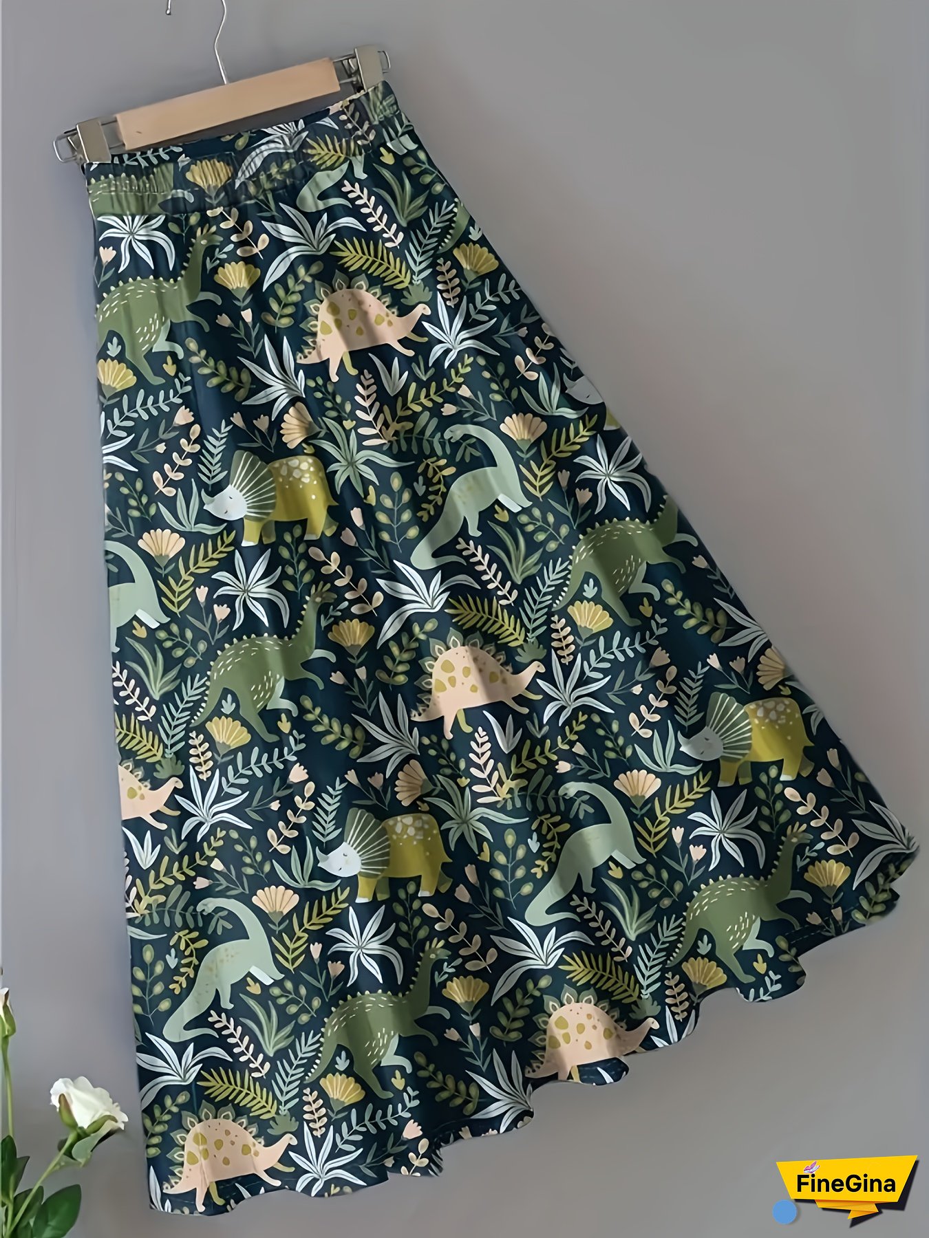 Women's Bohemian Floral Print Midi Skirt - Blue Yellow White Flowers on Green Stems, Lightweight Machine-Washable Fabric, Spring Summer Fall Casual Vacation & Office Wear, Seasonal Fashion | Comfortable Fit