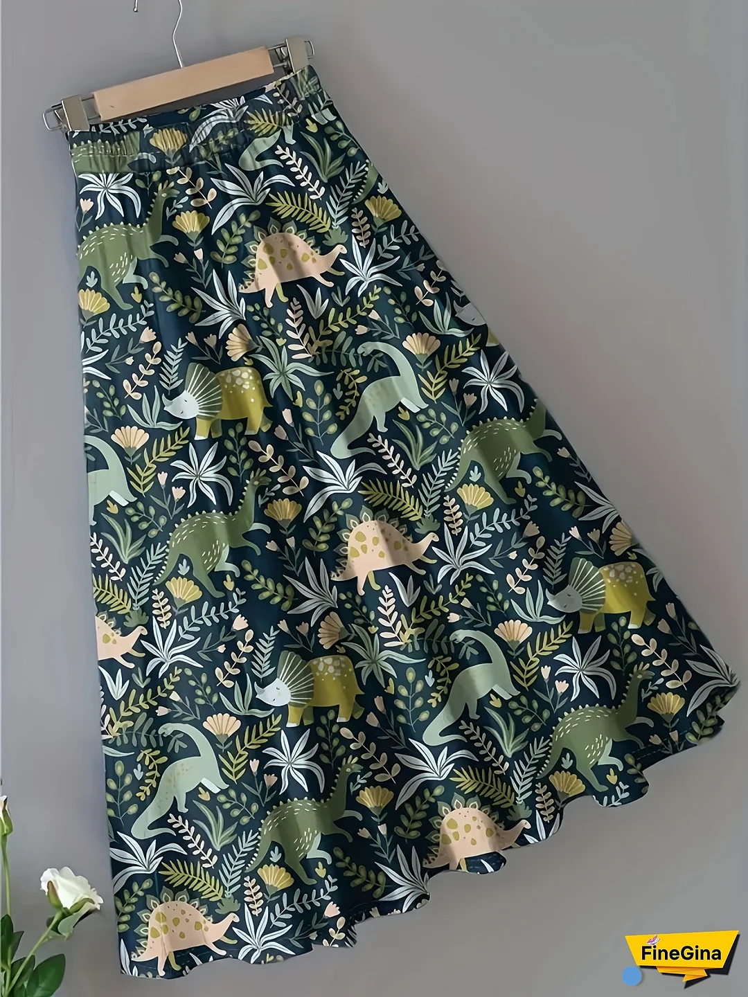 Women's Bohemian Floral Print Midi Skirt - Blue Yellow White Flowers on Green Stems, Lightweight Machine-Washable Fabric, Spring Summer Fall Casual Vacation & Office Wear, Seasonal Fashion | Comfortable Fit
