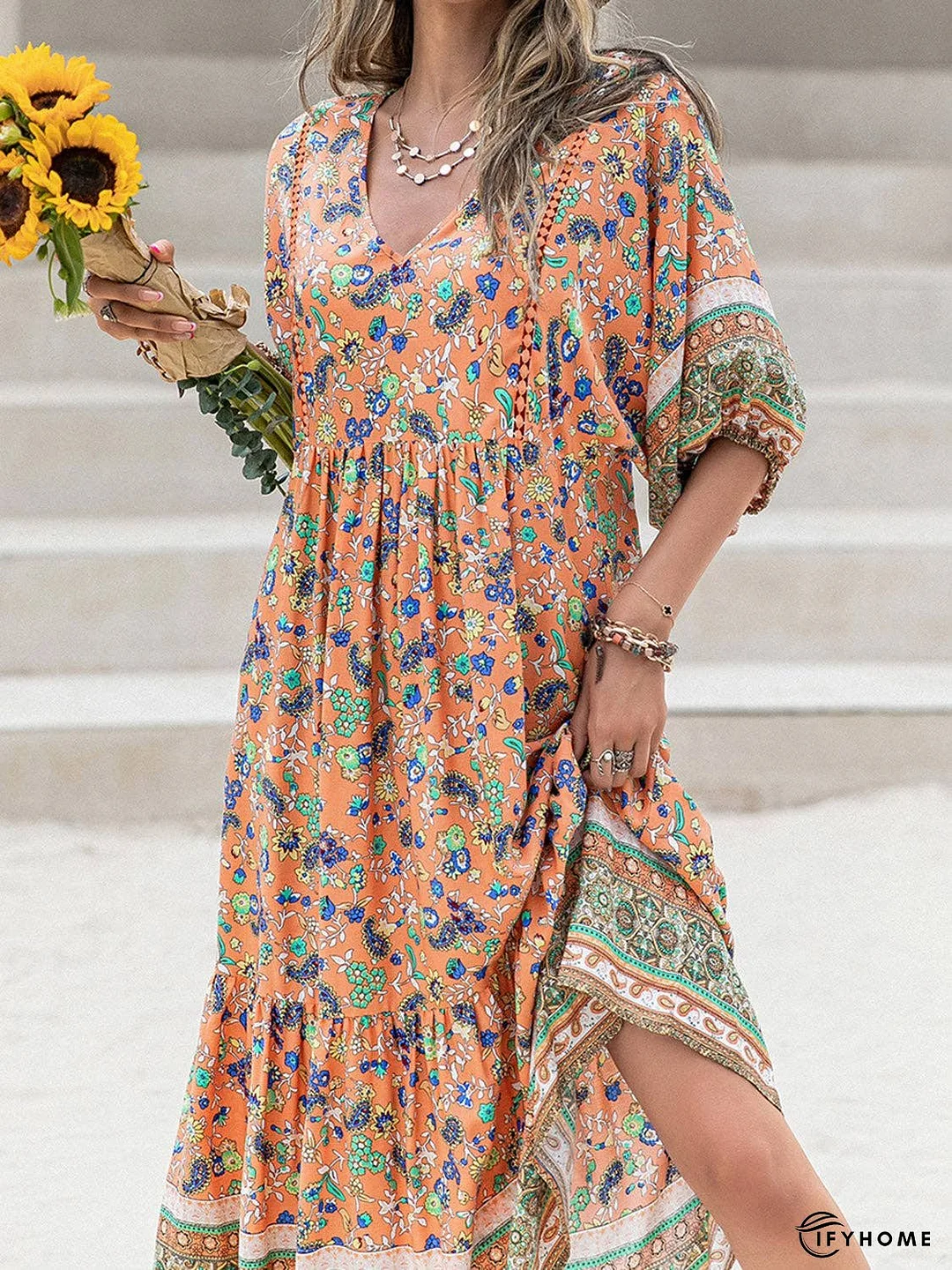 Printed V-Neck Short Sleeve Maxi Dress | IFYHOME