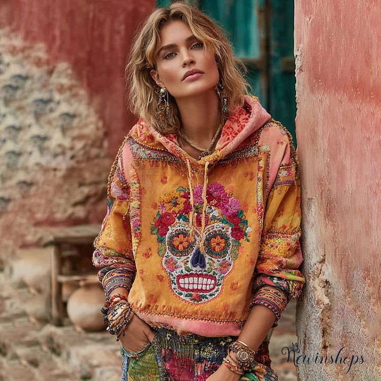 Women's Classic Mexican Sugar Skeleton Catrina Day Of The Dead Inspired Painting Embroidered Casual Linen V Neck  Long Sleeve T-shirt