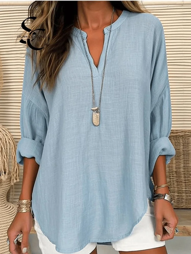 Women's Cotton Long Sleeve Round Neck Solid Color Loose Beach Shirt