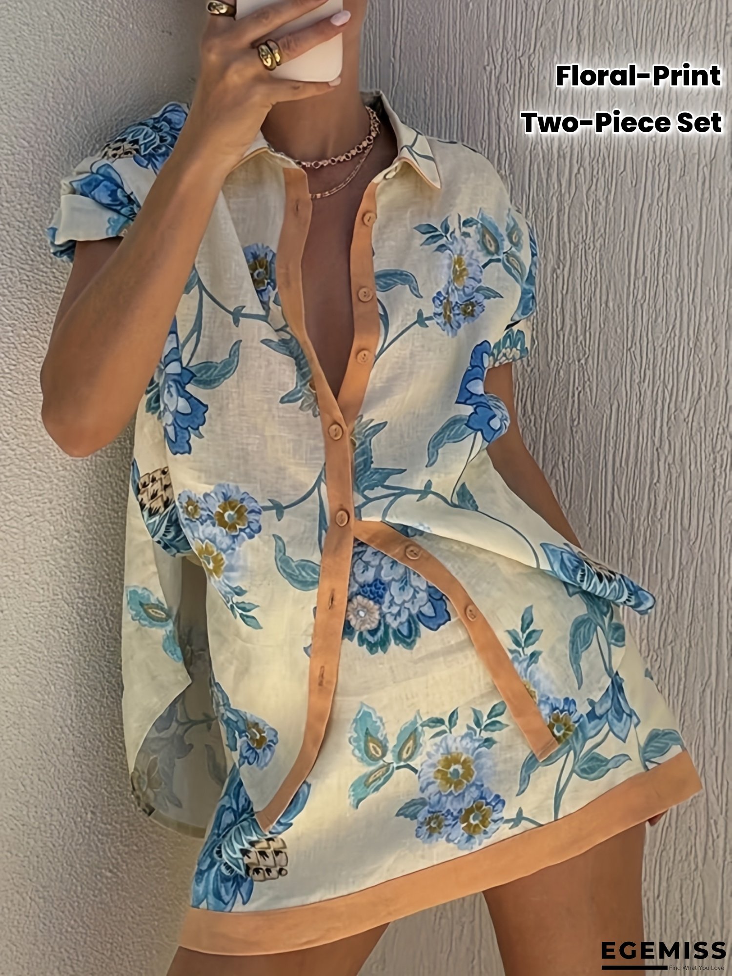 Spring and Summer Short Sleeve Shirt Random Floral Print Skirt Set Bohemian Loose Vacation Two-piece Set | EGEMISS