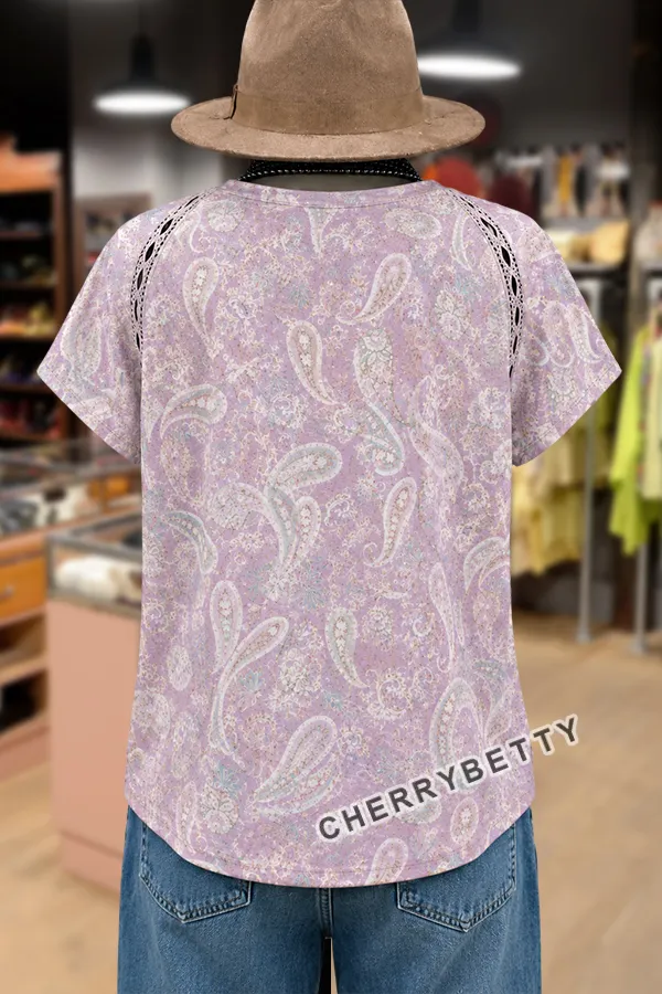 Vintage Paisley Print V-Neck Hollow Out T-Shirt
