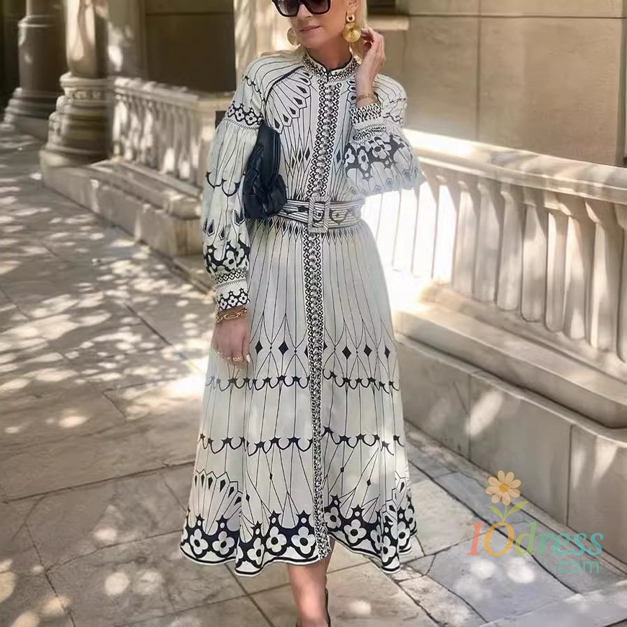 IO Dress 2024 Summer Fashion Women's Bohemian Style Elegant Dress Long Belt Retro Print Banquet Style Long A-line Women's Dress IO Dress