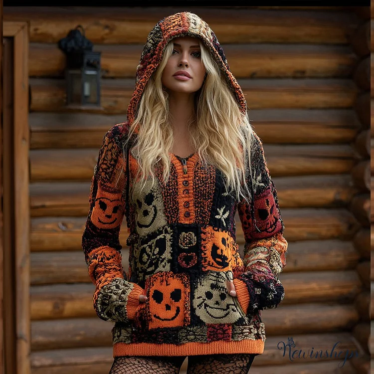 Halloween Patchwork Hooded Casual Knitted Top