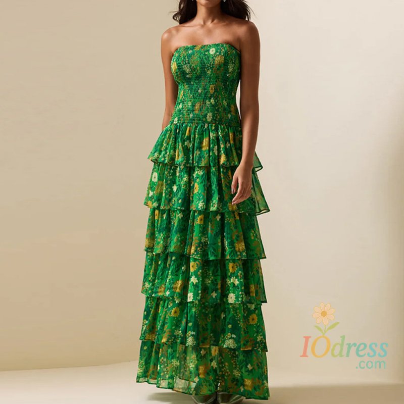 IO Dress Fashion Strapless Ruffle Printed Long Dress Green High Waisted Layered Cake Dress Elegant Women Hollow Sleeveless Holiday Dress IO Dress