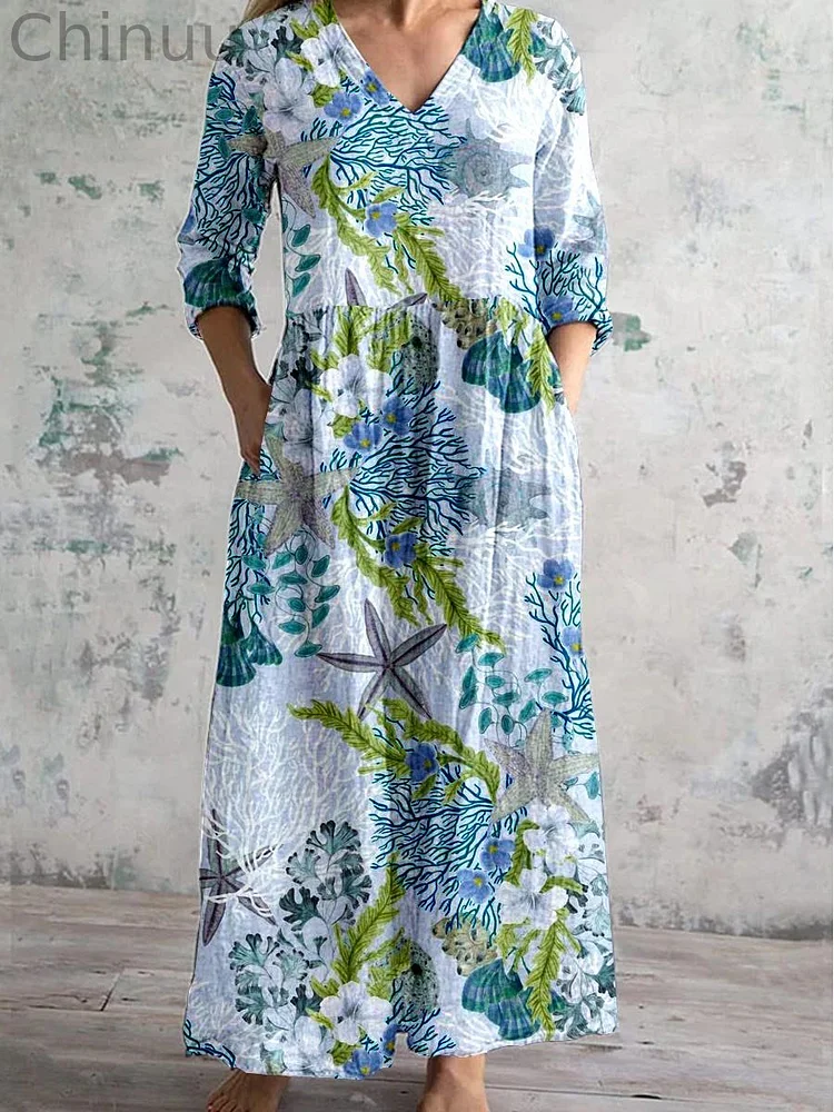 Women's Round Neck Floral Print Pattern Dress with Pockets