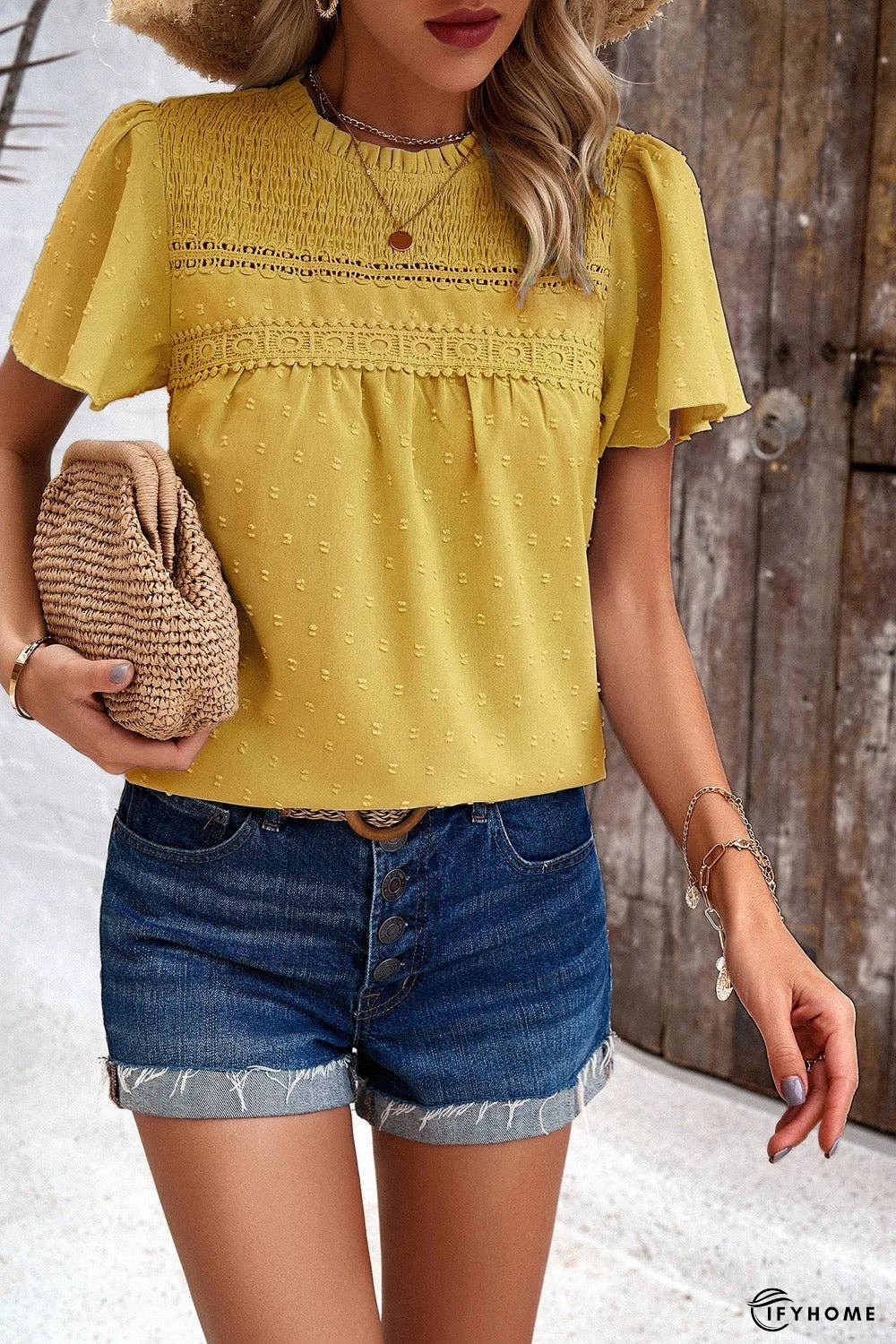 Swiss Dot Smocked Round Neck Short Sleeve Blouse | IFYHOME