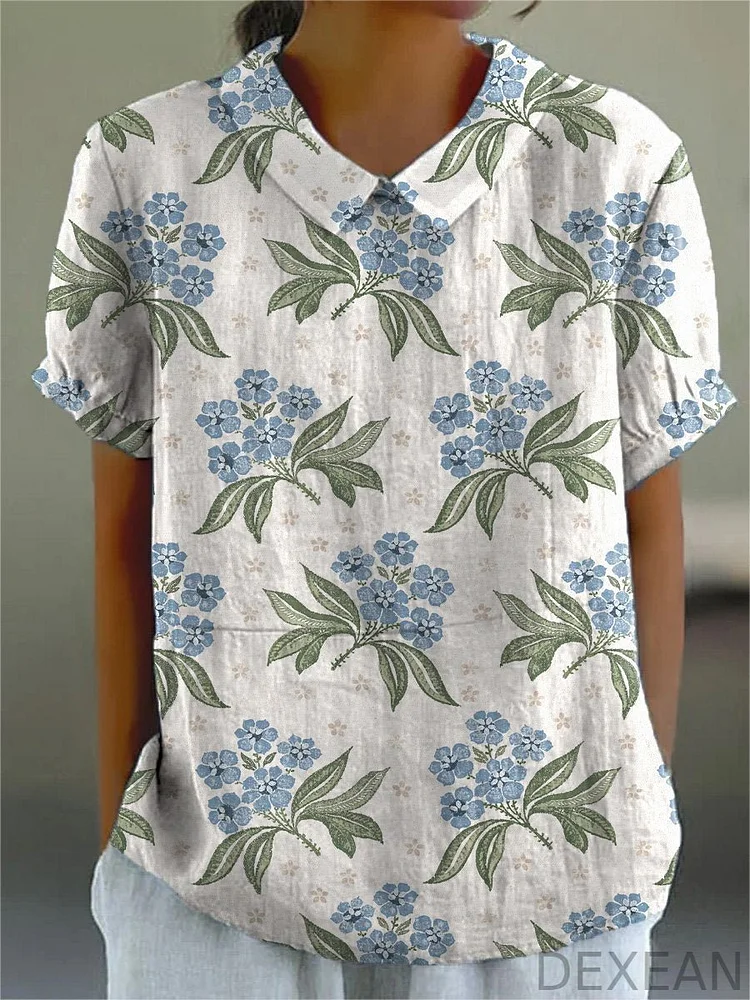 Spring Blue Hydrangea Floral Pattern Printed Women's Casual Cotton And Linen Shirt