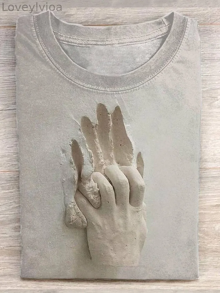 Unisex Vintage Hand Art Sculpture Print Casual Short Sleeve T-Shirt