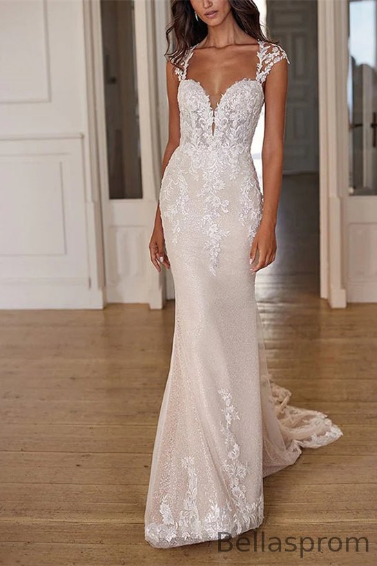 Bellasprom Cap Sleeves Sweetheart Mermaid Wedding Dress Lace Appliques Sequins Open Back Bellasprom