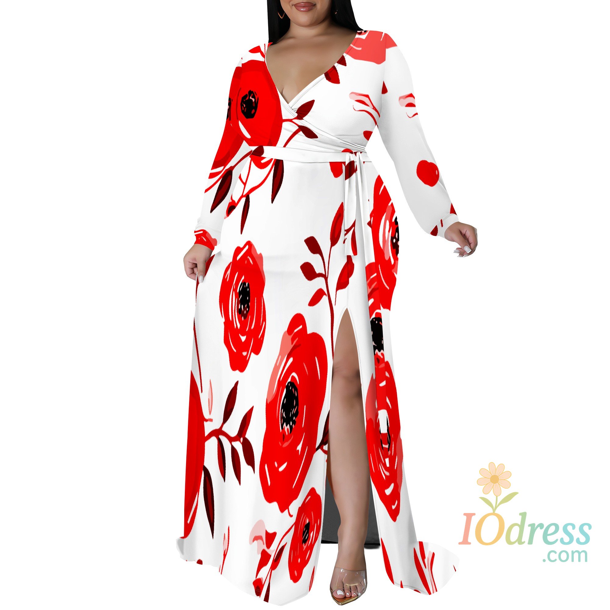 IO Dress Long Sleeve V Neck One-side Slit Maxi Dress XL-6XL IO Dress