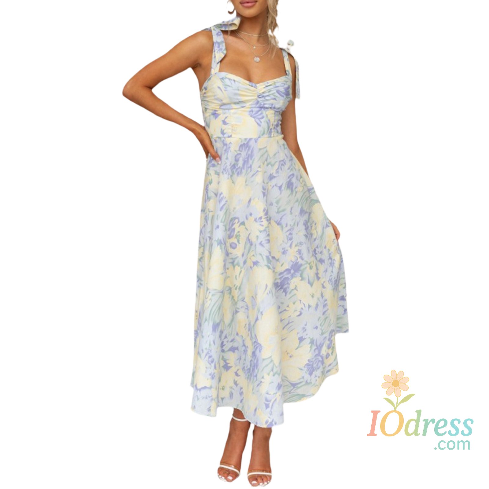 IO Dress Women Sling Dress Sleeveless Low-cut Tie-up Flower Print Summer Long Dress for Cocktail Party IO Dress