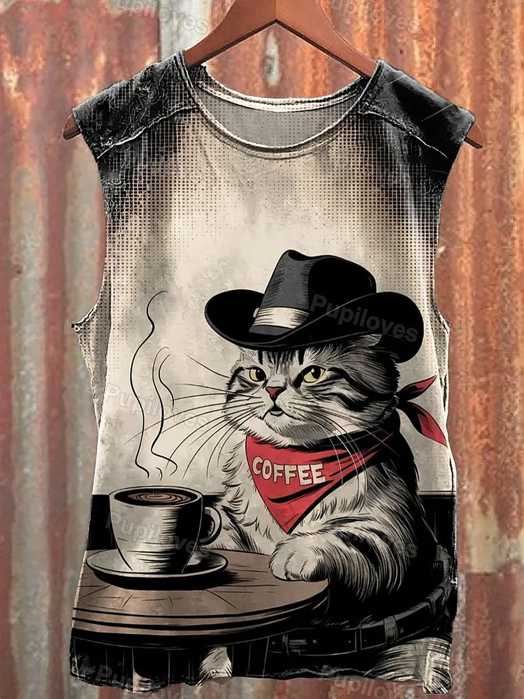 Pupiloves Pupiloves Vintage Cowboy Cat Art Print Casual Tank Top