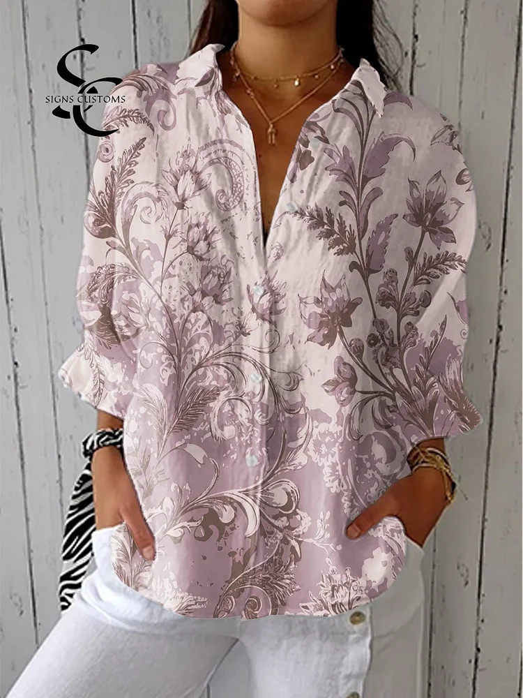 Women's Vintage Flower Art Print Casual Linen V-neck Shirt